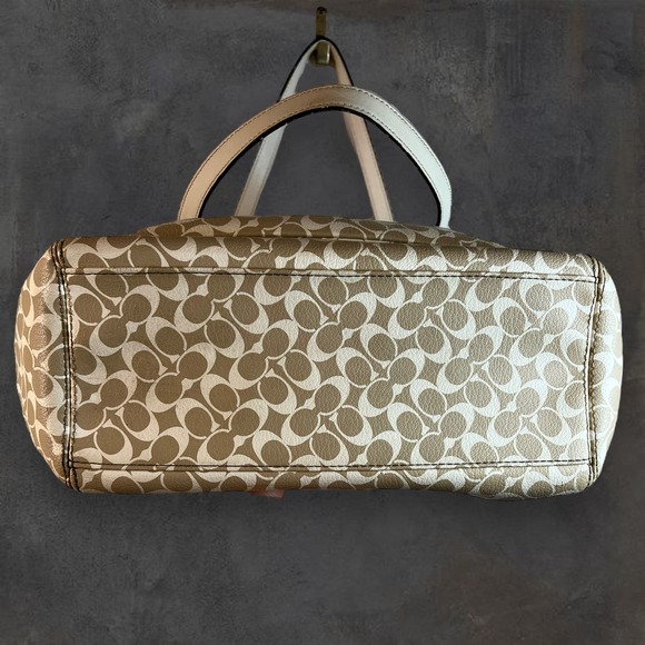 Coach Signature Leah Large Shoulder‎ Tote Bag Khaki White 15135 Handbag Purse - Picture 8 of 11